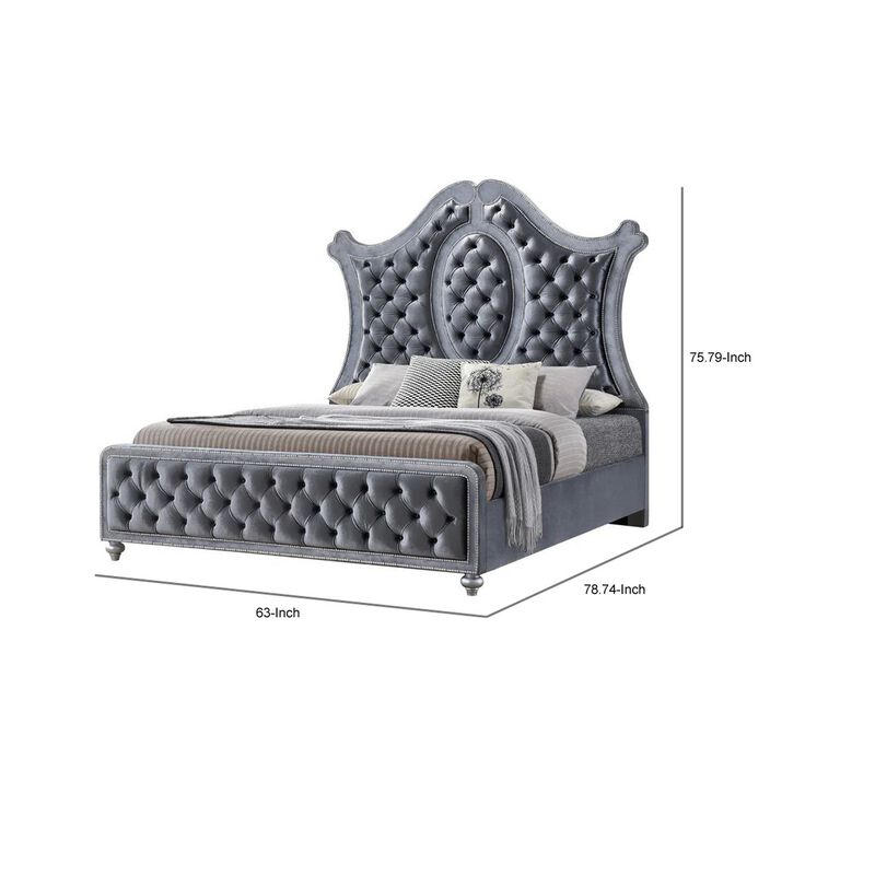Rall Queen Size Bed, Curved Wood Headboard, Tufted Gray Fabric Upholstery - Benzara