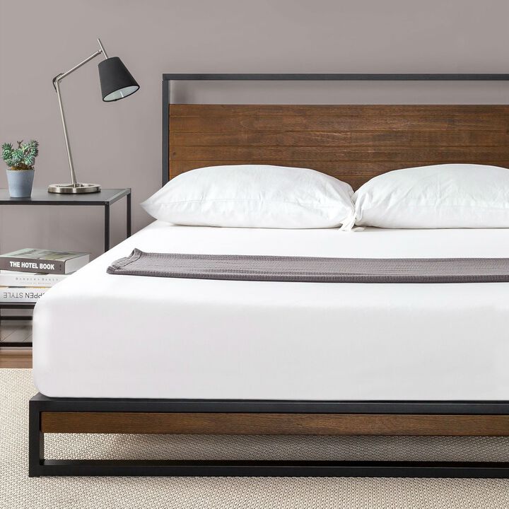 QuikFurn Twin size Metal Wood Platform Bed Frame with Headboard