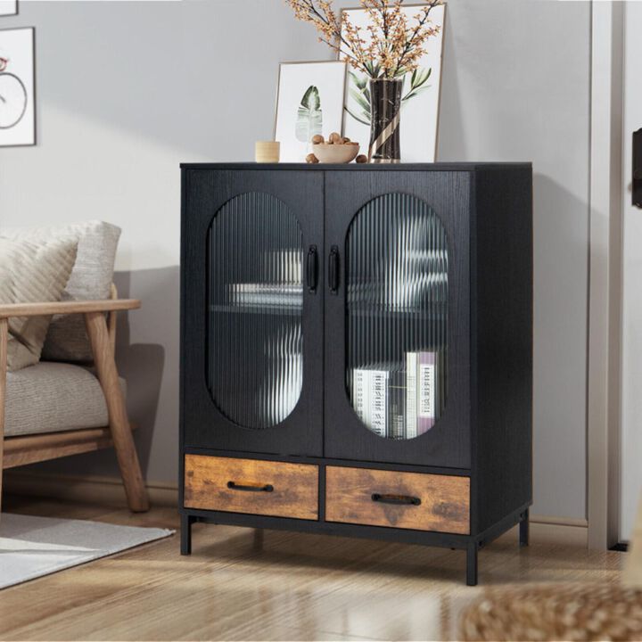 Hivvago Kitchen Industrial Buffet Sideboard with Tempered Glass Doors-Black