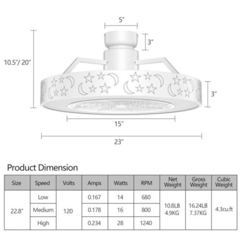 Hivvago 23 Inch Ceiling Fan with LED Light and Remote Control