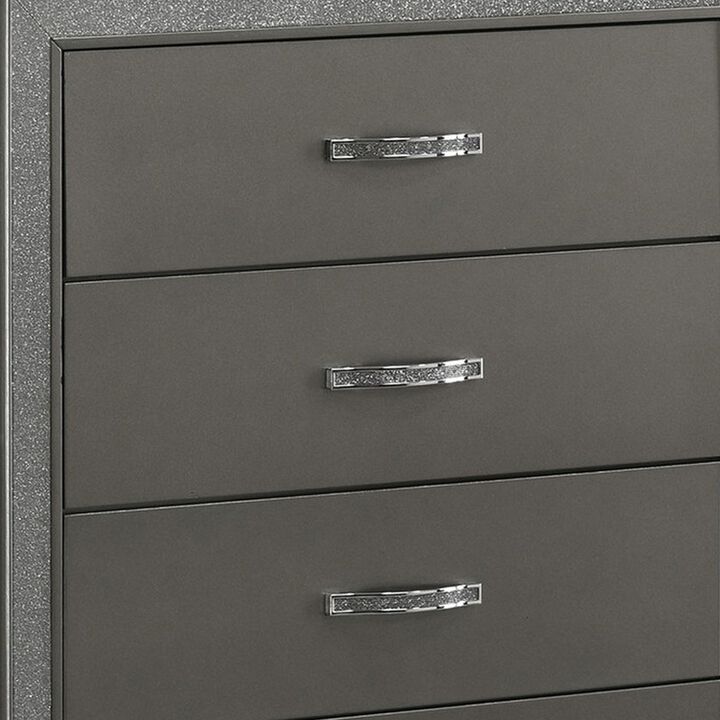 Zuka 47 Inch Tall 5 Drawer Dresser Chest, Faux Diamond Trim, Modern Gray-Benzara