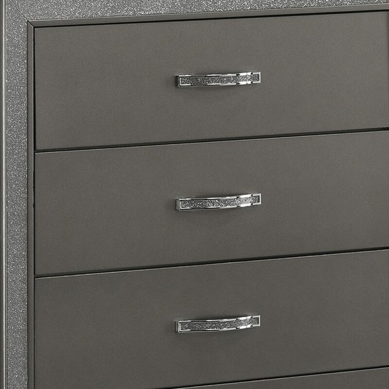 Zuka 47 Inch Tall 5 Drawer Dresser Chest, Faux Diamond Trim, Modern Gray-Benzara