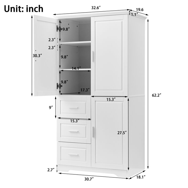Tall And Wide Storage Cabinet With Doors For Bathroom/Office, Three Drawers, White