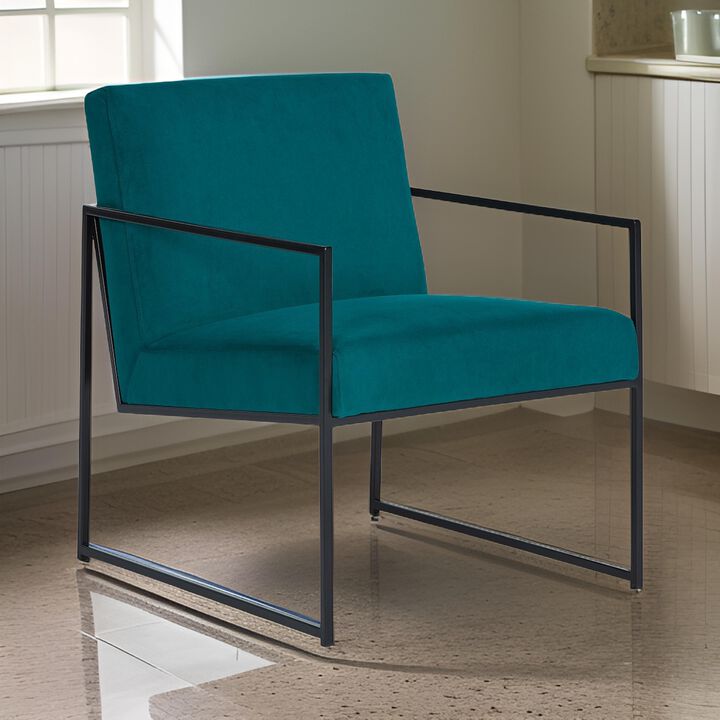 Anisa Accent Chair, Teal Velvet Seat Cushions, Black Metal Frame - Benzara