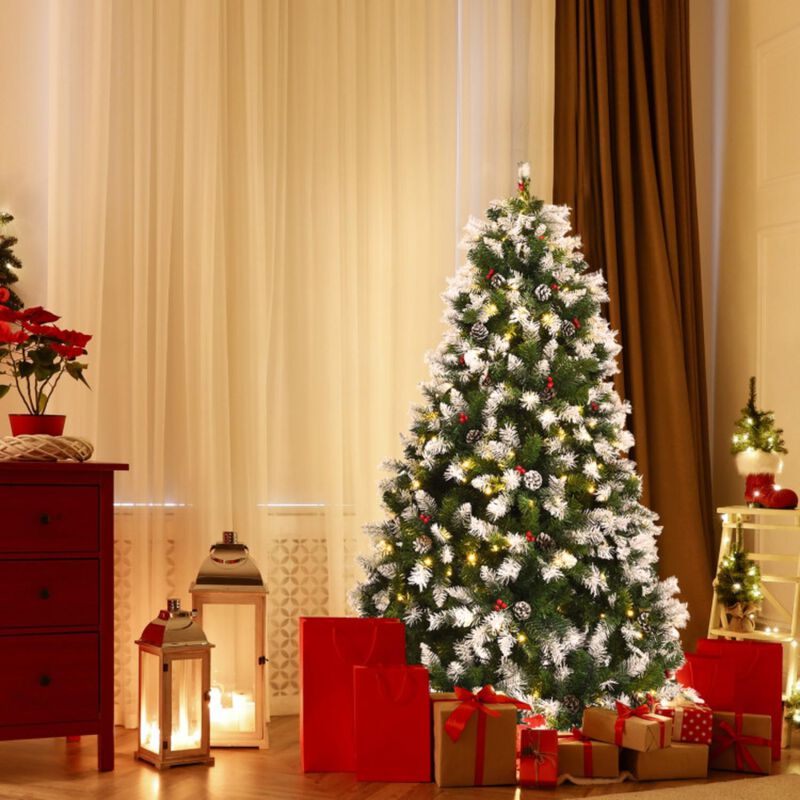 Hivvago Pre-lit Snow Flocked Christmas Tree with Red Berries and LED Lights-6 ft