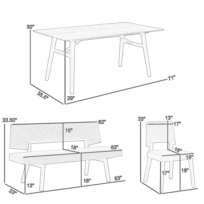 Yumi 6 Piece Dining Table Set, Chairs, Bench, Gray Fabric, Wood Brown - Benzara