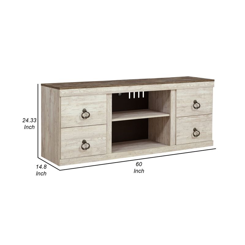 60 Inch Rustic TV Media Entertainment Console, Round Handles, Wood, White-Benzara