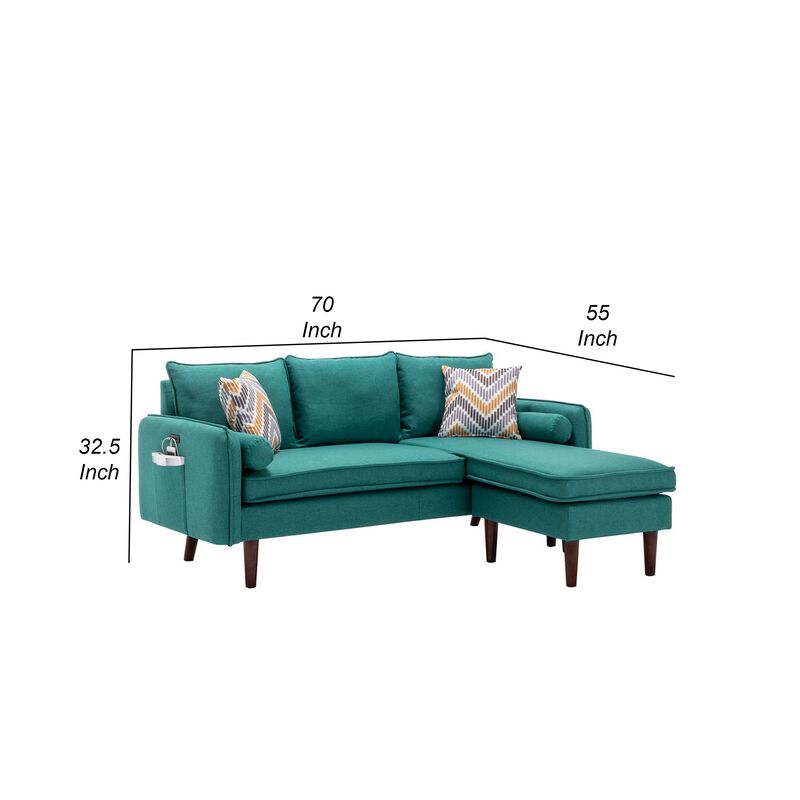Ranon 70 Inch Sectional Chaise Sofa, Pillows, USB Ports, Side Pockets, Teal - Benzara