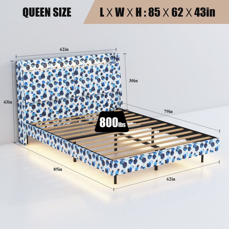 MONDAWE Queen Floating Bed Frame with LED Light and Charging Station with Headboard and Hidden Storage Space