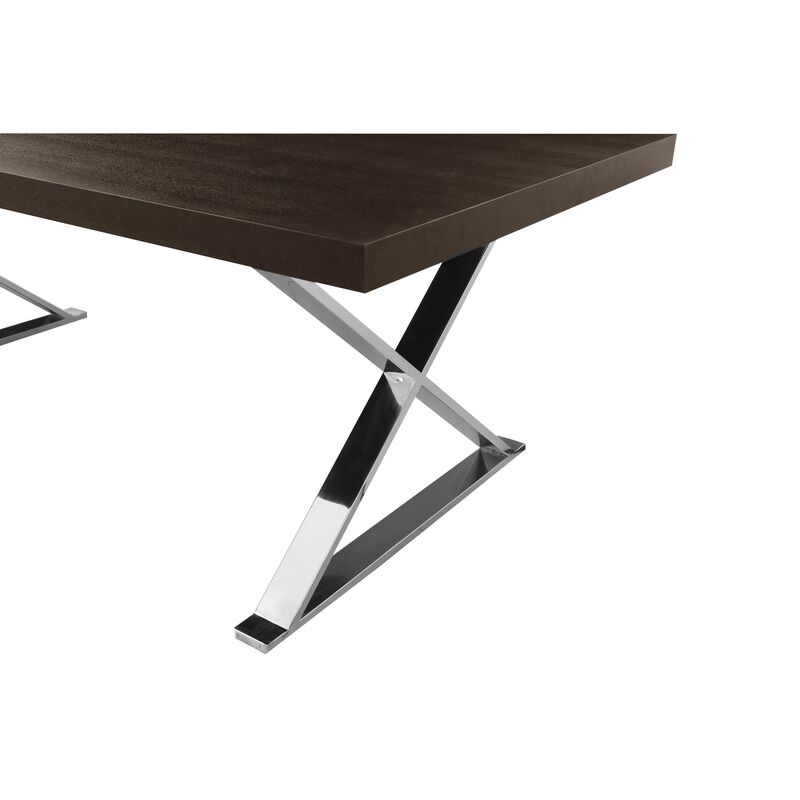 Rix 87 Inch Dining Table, Espresso Brown Wood Top, X Chrome Steel Legs - Benzara