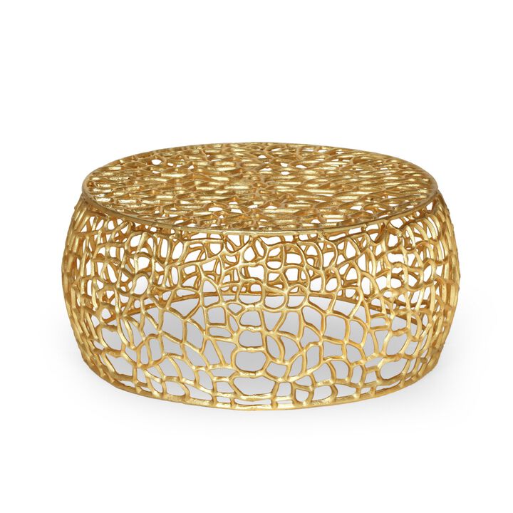 Coffee Table, 28 Inch Round Plinth Mesh Design, Open Gold Metal Frame - Benzara