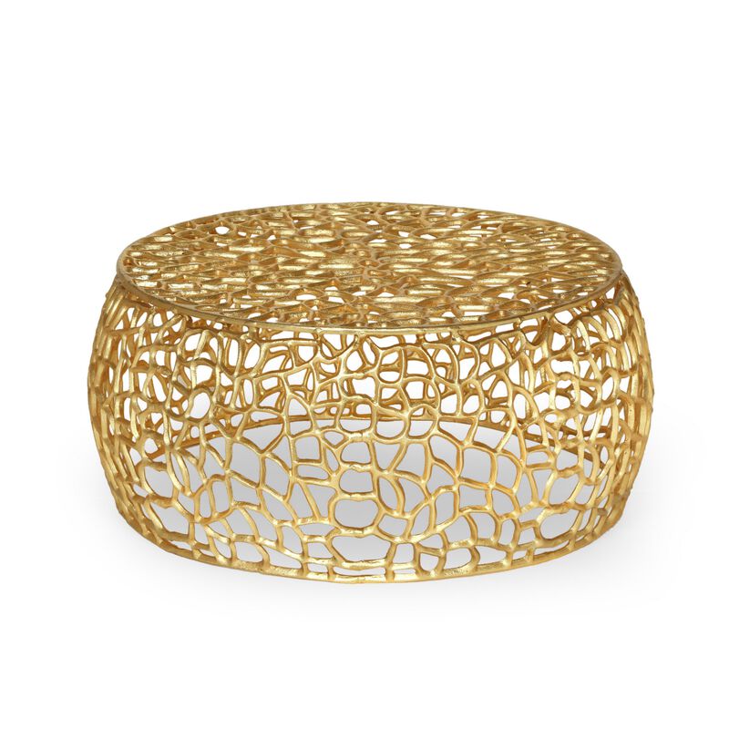 Coffee Table, 28 Inch Round Plinth Mesh Design, Open Gold Metal Frame - Benzara