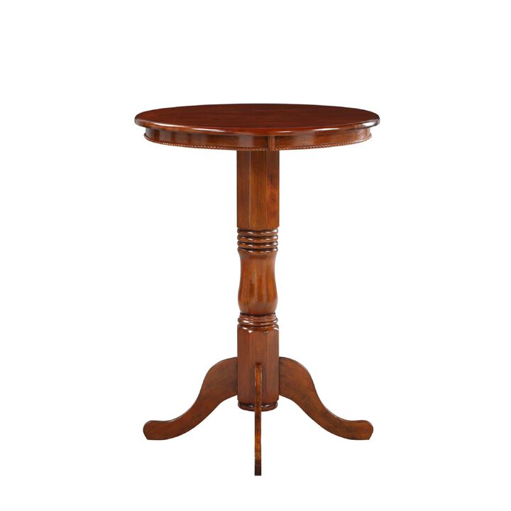 32 Inch Round Pub Bar Table, Classic Turned Pedestal, MDF Wood, Walnut Brown-Benzara