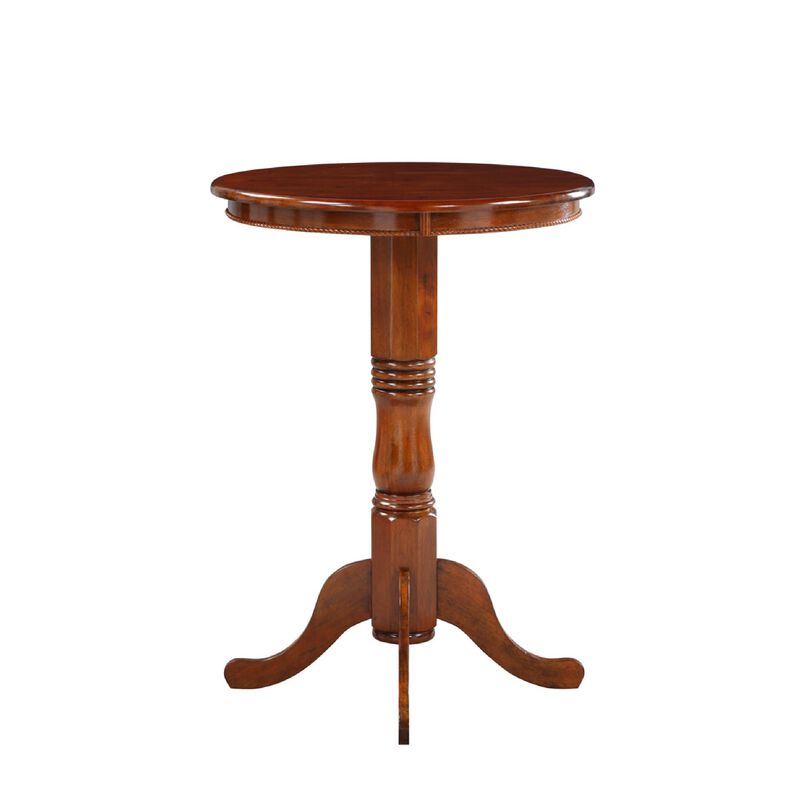32 Inch Round Pub Bar Table, Classic Turned Pedestal, MDF Wood, Walnut Brown-Benzara