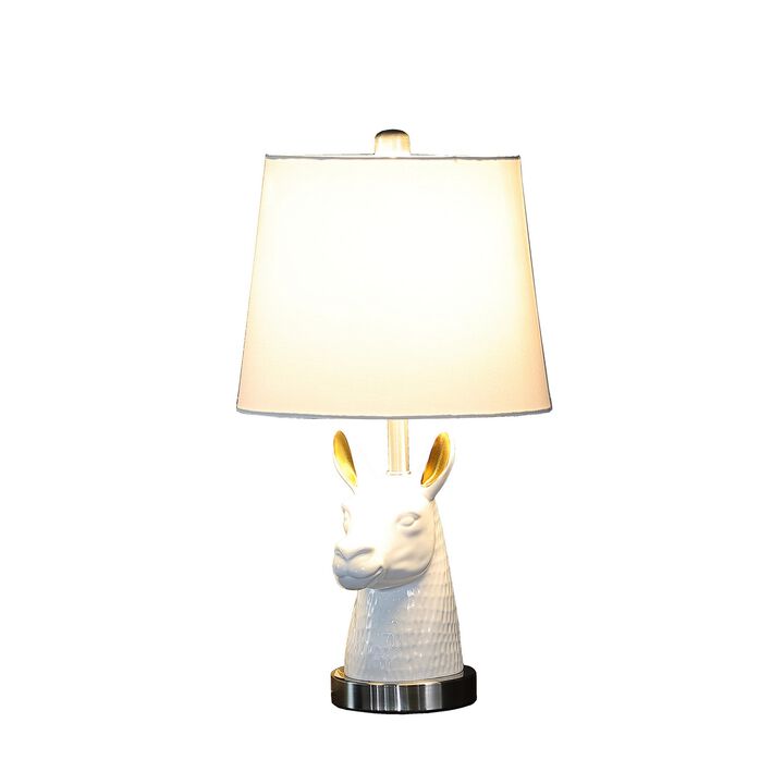 Metal Table Lamp with Llama Animal Head, White-Benzara