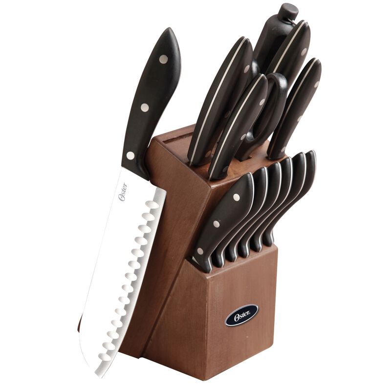 Oster Huxford 14 Piece Stainless Steel Cutlery Set with Black Handles and Wooden Block