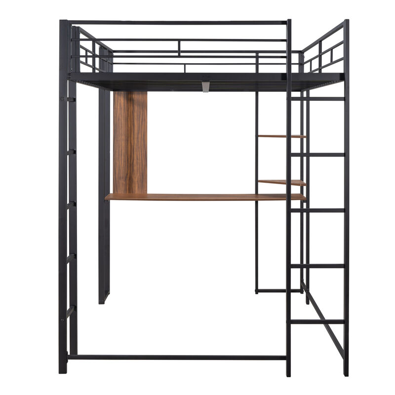 Full Size Metal Loft Bed With 2 Shelves And One Desk