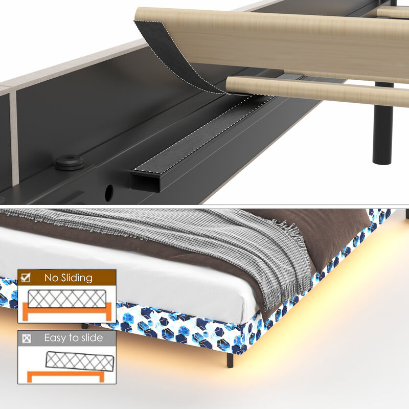 MONDAWE King Floating Bed Frame with LED Light and Charging Station with Headboard and Hidden Storage Space