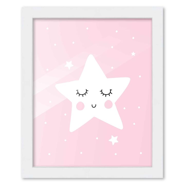 8x10 Framed Nursery Wall Art Hand Drawn Sleepy Star Poster in White Wood Frame For Kid Bedroom or Playroom