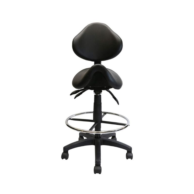 Nicer Furniture Adjustable Saddle Stool with Backrest, Black PU Leather, with Footring