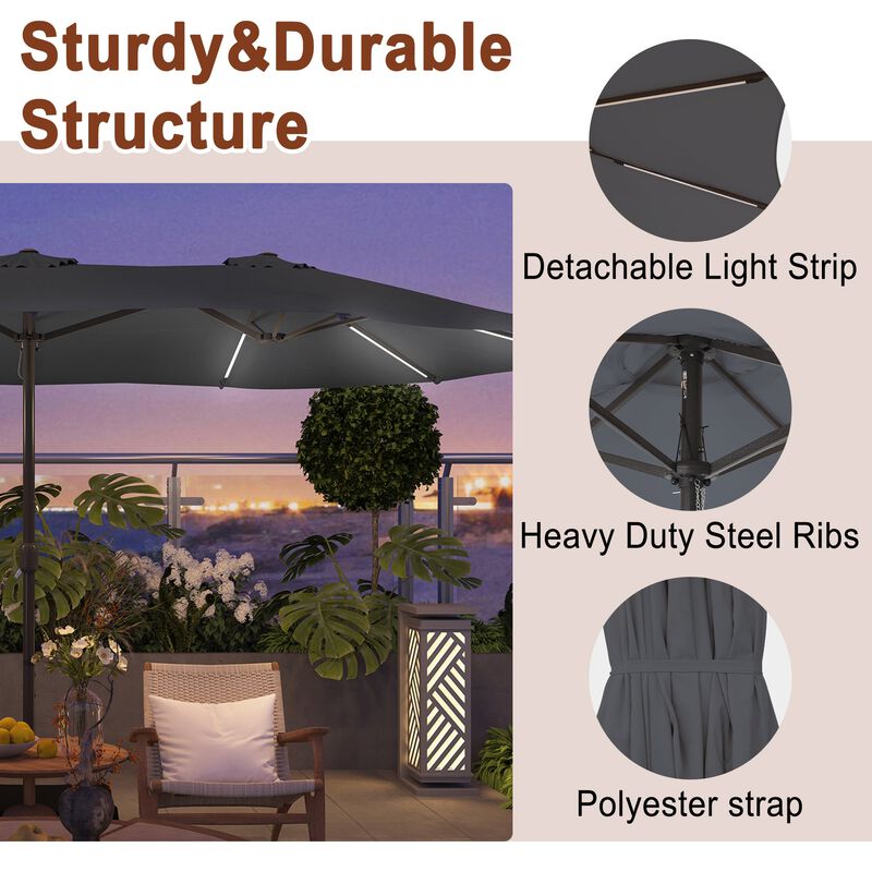 Mondawe 15 ft. Large Double-Sided Outdoor Twin Umbrella With Light Strip,Patio Market Umbrella with Crank and Base