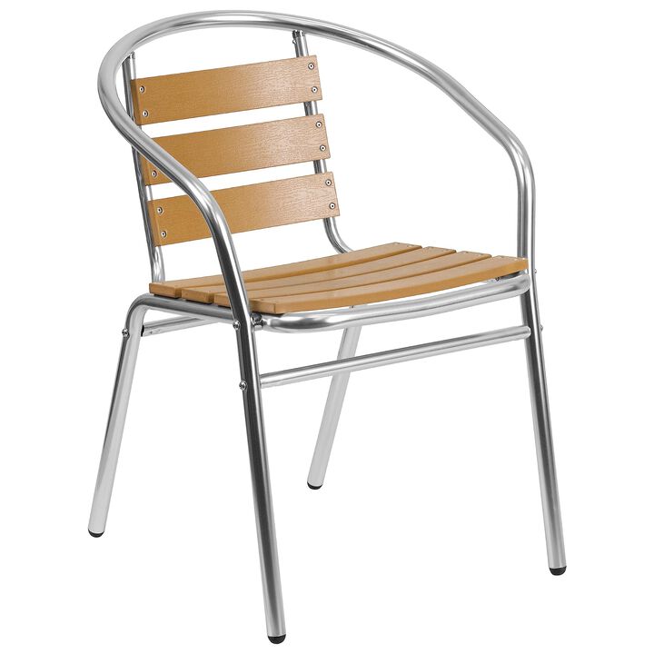 Flash Furniture Lila 4 Pack Commercial Aluminum Indoor-Outdoor Restaurant Stack Chair with Triple Slat Faux Teak Back