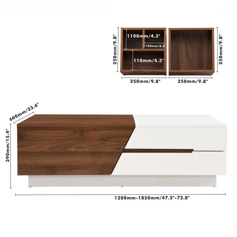Modern Extendable Sliding Top Coffee Table With Storage In White & Walnut