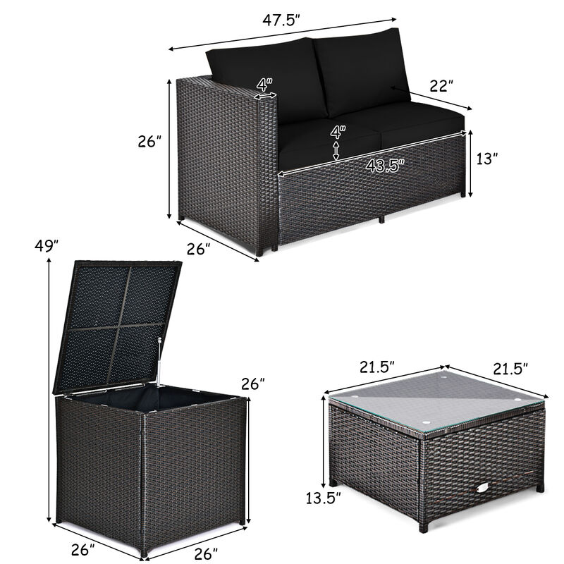 4 Pieces Outdoor Patio Rattan Furniture Set with Cushioned Loveseat and Storage Box