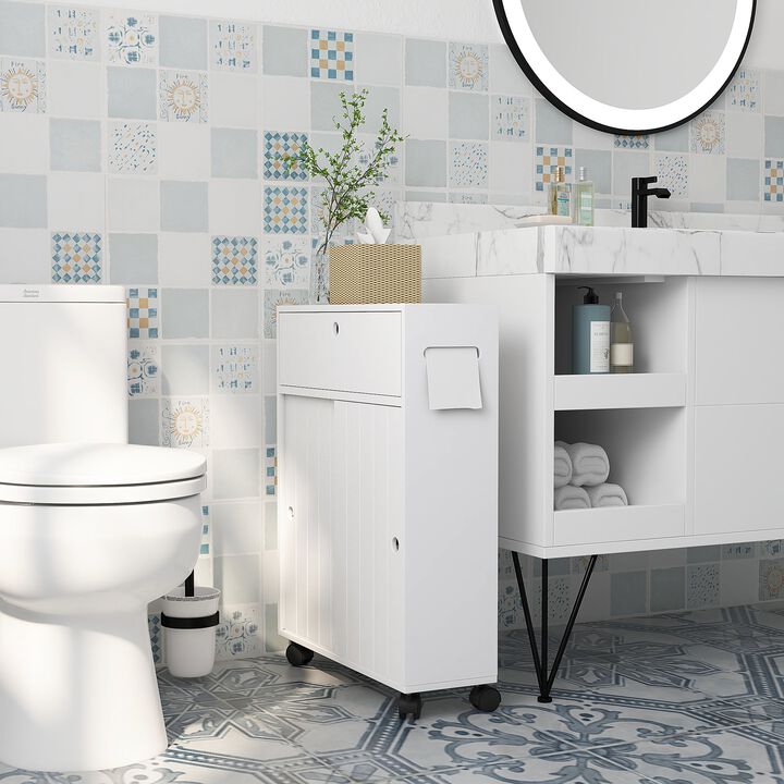 White Toilet Paper Cabinet: Slim, 4 Wheels, Sliding Doors