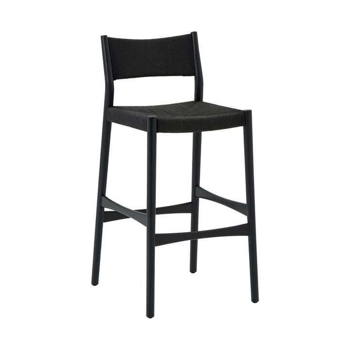 Rie Counter Stool Chair, Danish Inspired Panel Back, Black Woven Paper Cord - Benzara