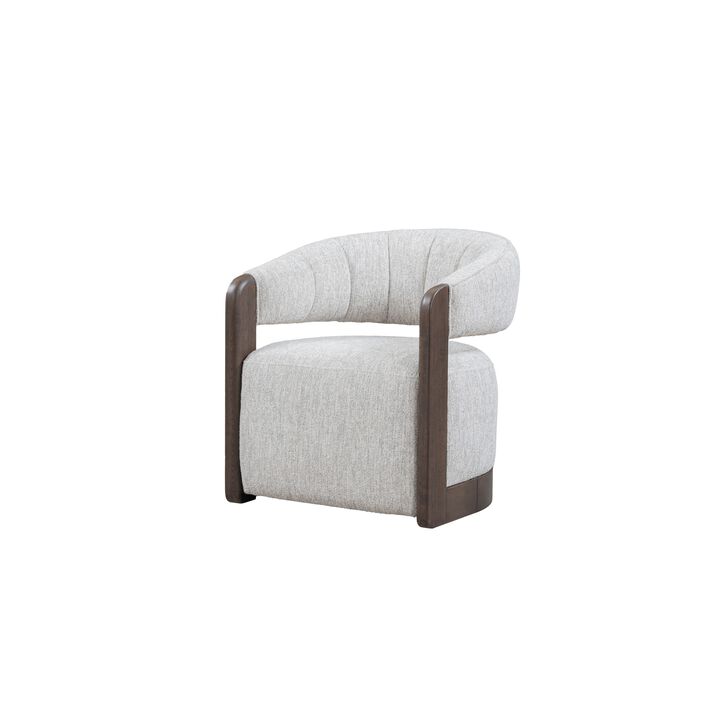 Zinn Swivel Accent Chair, Brown Ash Wood, Gray Channel Tufted Boucle - Benzara