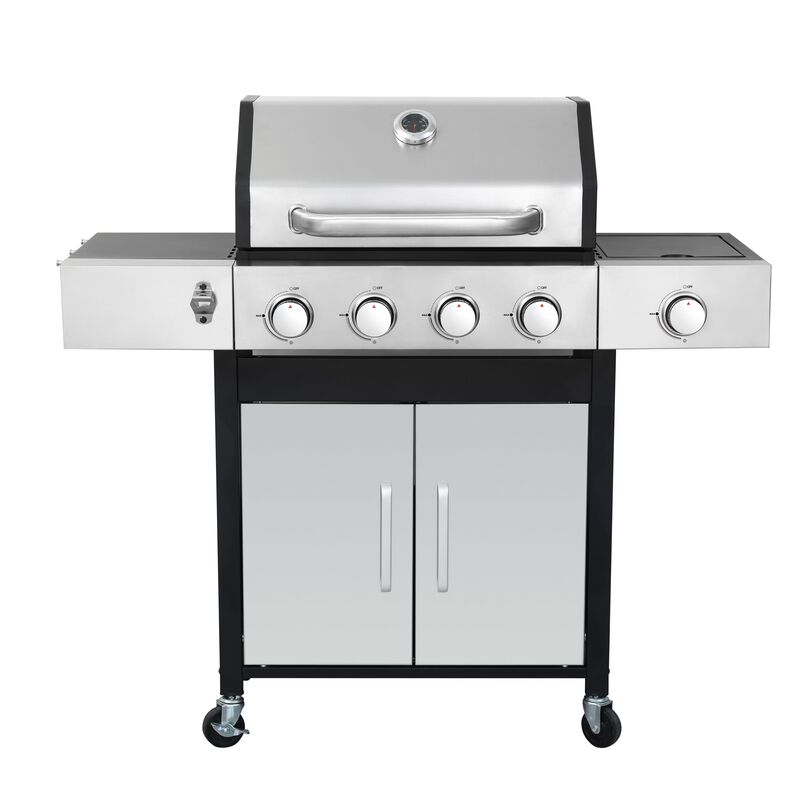 MONDAWE 4-Burner Propane Gas BBQ Grill with Side Burner, 46790BTU Output With Enameled Cast Iron Cooking Grids For Outdoor Barbecue, Stainless Steel