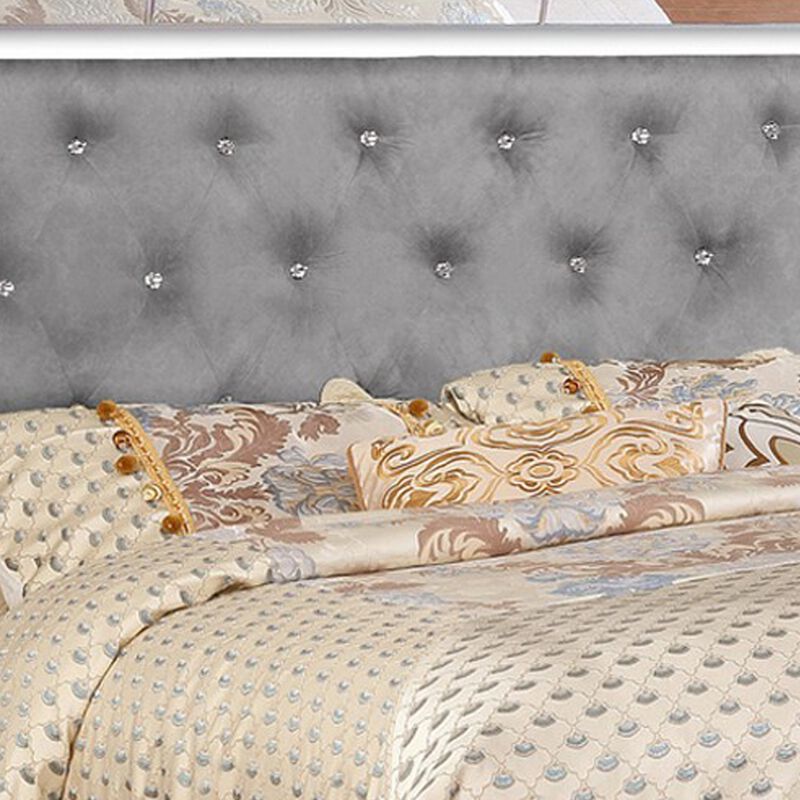 Eli Crystal Tufted Queen Bed, LED, Mirror Inlays, Wood, Gray Velvet, Silver-Benzara