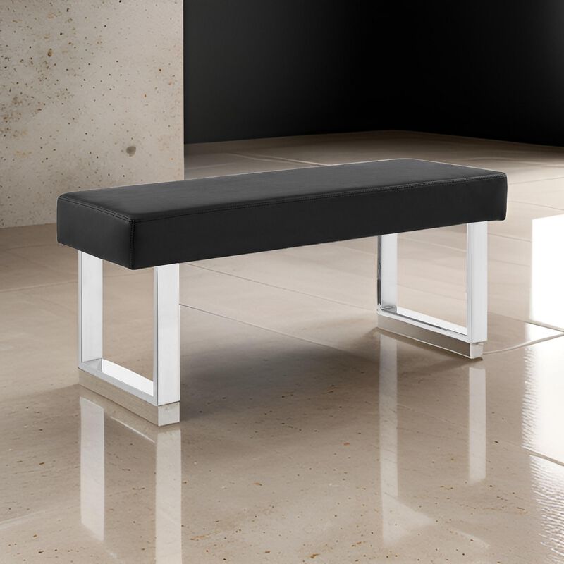 48 Inch Bench with Leatherette Padded Seat and Metal Frame, Black-Benzara