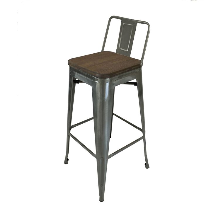 Trace 30 Inch Barstool Chair, Low Back, Wood Seat, Light Gray Metal - Benzara