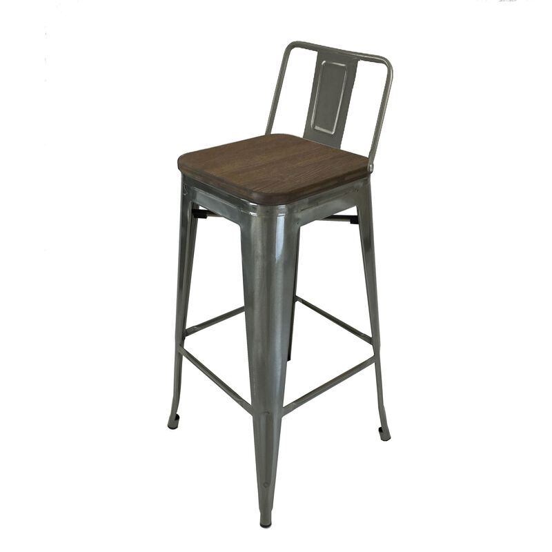 Trace 30 Inch Barstool Chair, Low Back, Wood Seat, Light Gray Metal - Benzara