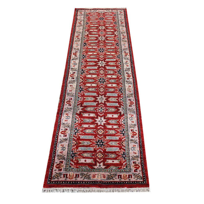 Rugsotic Carpets Hand Knotted Afghan Wool And Silk 2'6''x10' Runner Area Rug Oriental Kazak Red Cream AF0107