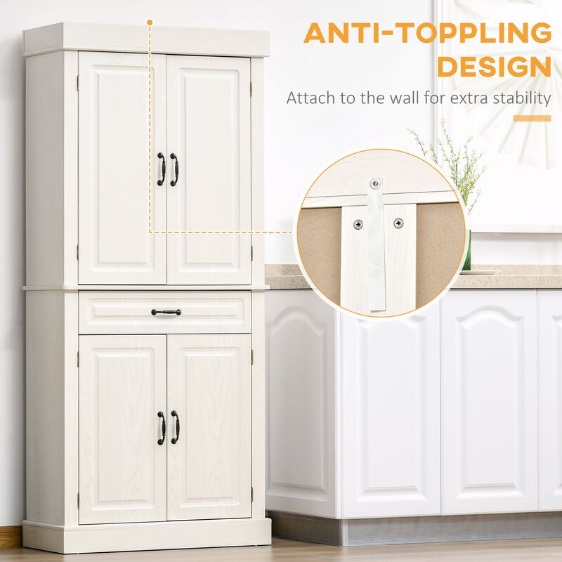White Kitchen Pantry: 71" Tall Cabinet with 4 Doors and Drawer