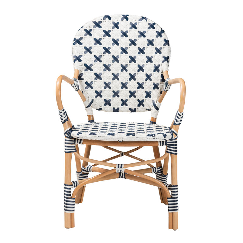 Bali & Pari Bryson Modern French Blue and White Weaving and Natural Rattan Bistro Chair