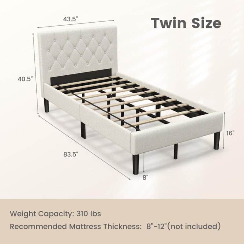 Hivvago Twin Size Upholstered Platform Bed with Button Tufted Headboard-Beige