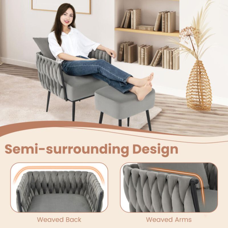 Hivvago Modern Dutch Velvet Accent Chair and Ottoman Set with Weaved Back and Arms