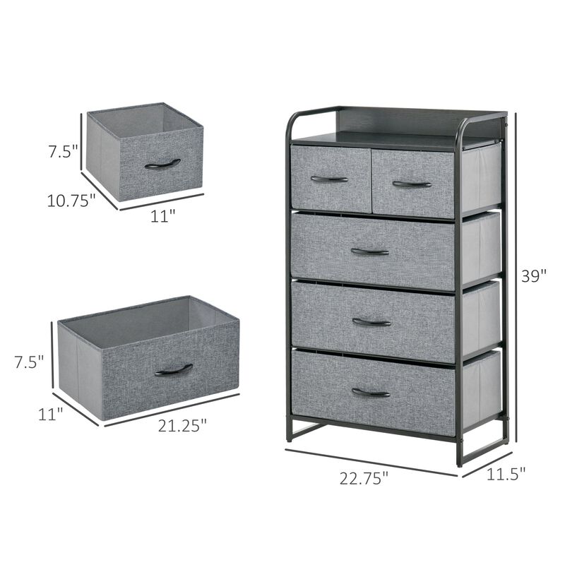 Gray Bedroom Organizer: 5-Drawer Dresser with Steel Frame and Wooden Top