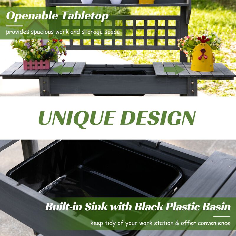 Gray Outdoor Workbench: Wooden Potting Station with Expandable Top