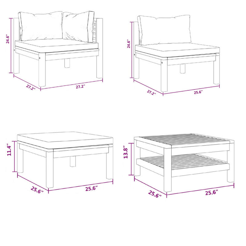 Outdoor 5pc Modular Sofa Set, Slatted Coffee Table, Brown Acacia Wood - Benzara