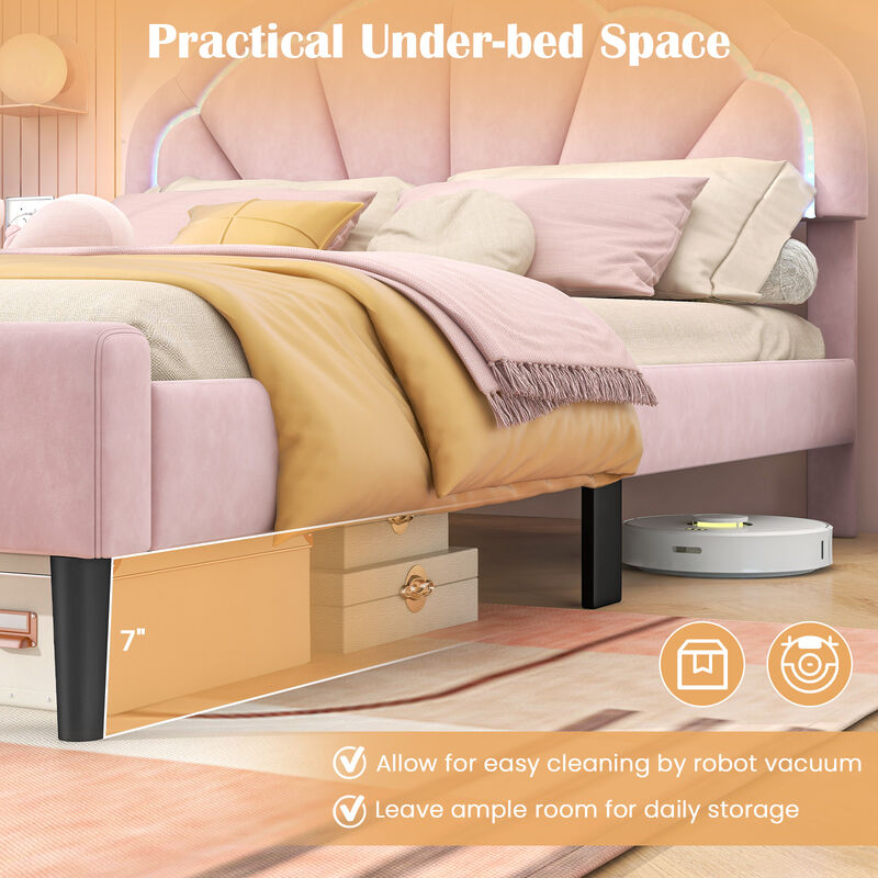 Upholstered LED Bed Frame with Adjustable Flower Headboard