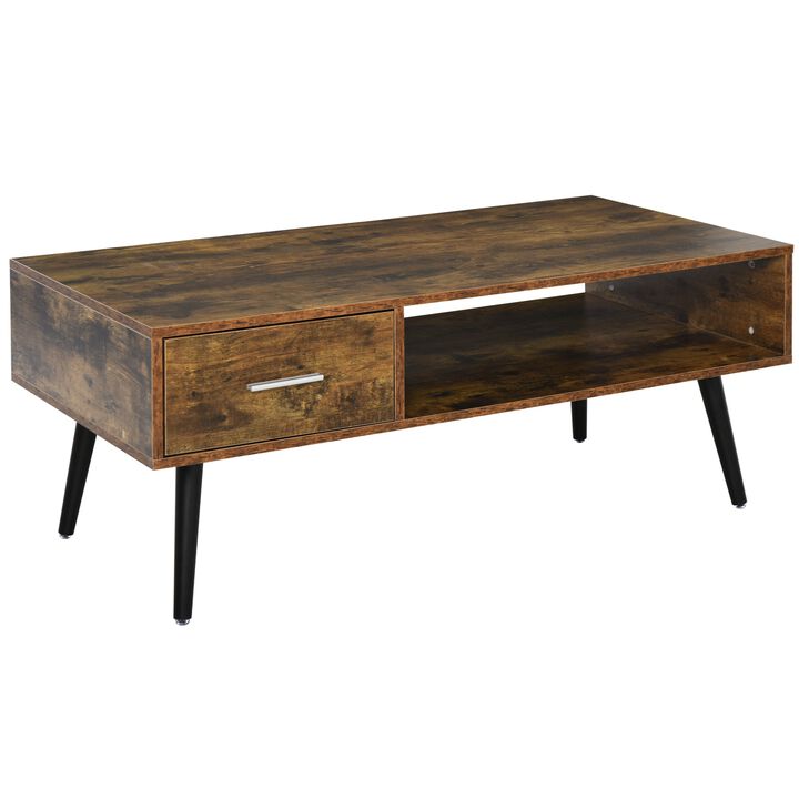 Mid-Century Modern Table: Wood Coffee Table with Drawer and Shelves