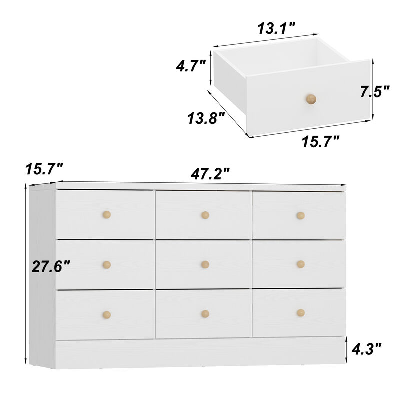 White 9 Drawer Dresser for Bedroom, 47.2“L Wooden Double Dresser, Modern Chest of Drawers Storage Organizer Dresser for Entryway Hallway