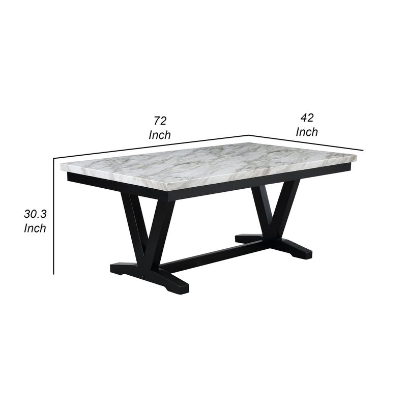 Oliver 72 Inch Dining Table With Faux Carrara Marble Top, White and Black - Benzara