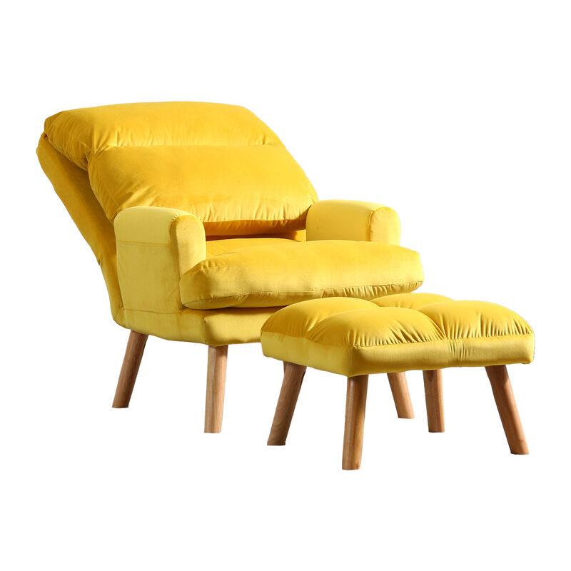 Nina 28 Inch 2 Piece Accent Chair and Ottoman Set, Splayed Legs, Yellow -Benzara