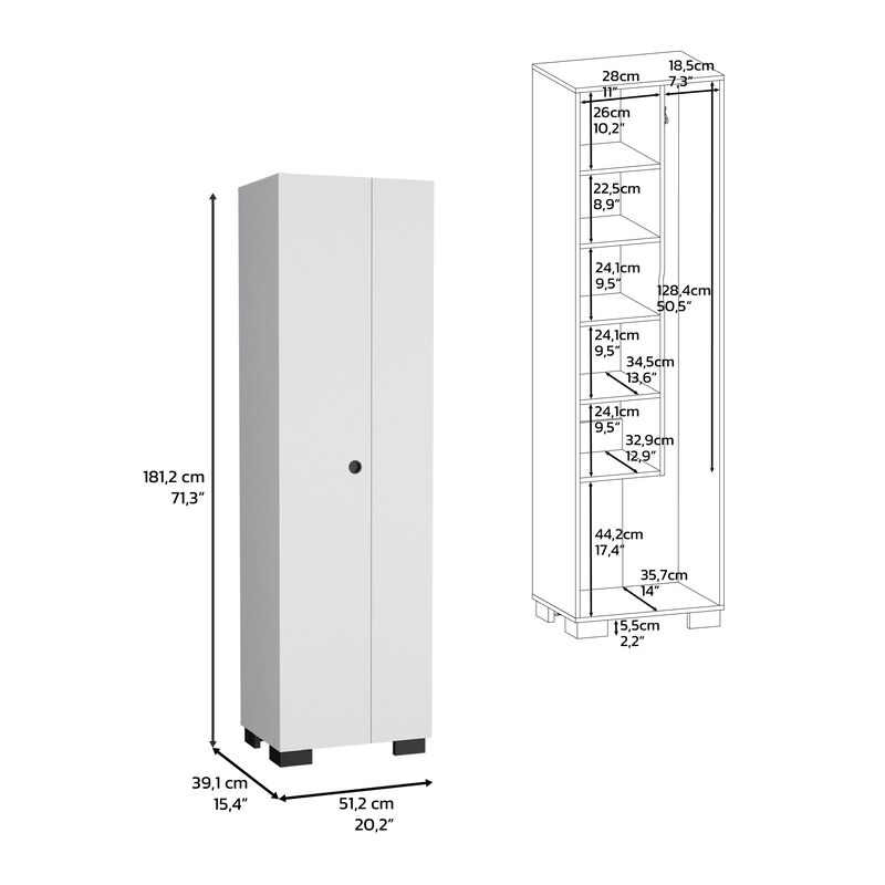 DEPOT E-SHOP Attica Broom Cabinet Double-Door Design with Inner Shelves and Side Hangers, White